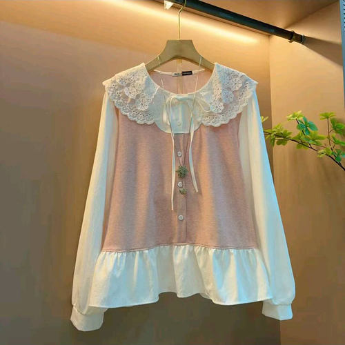 韩系甜美撞色娃娃领假两件上衣新