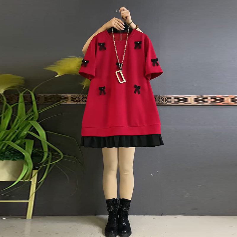 立体花T恤衫拼接短袖圆领上衣