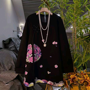 新款 女装 新中式 大码 胖mm宽松显瘦上衣女 国风盘扣刺绣卫衣大衫 时尚