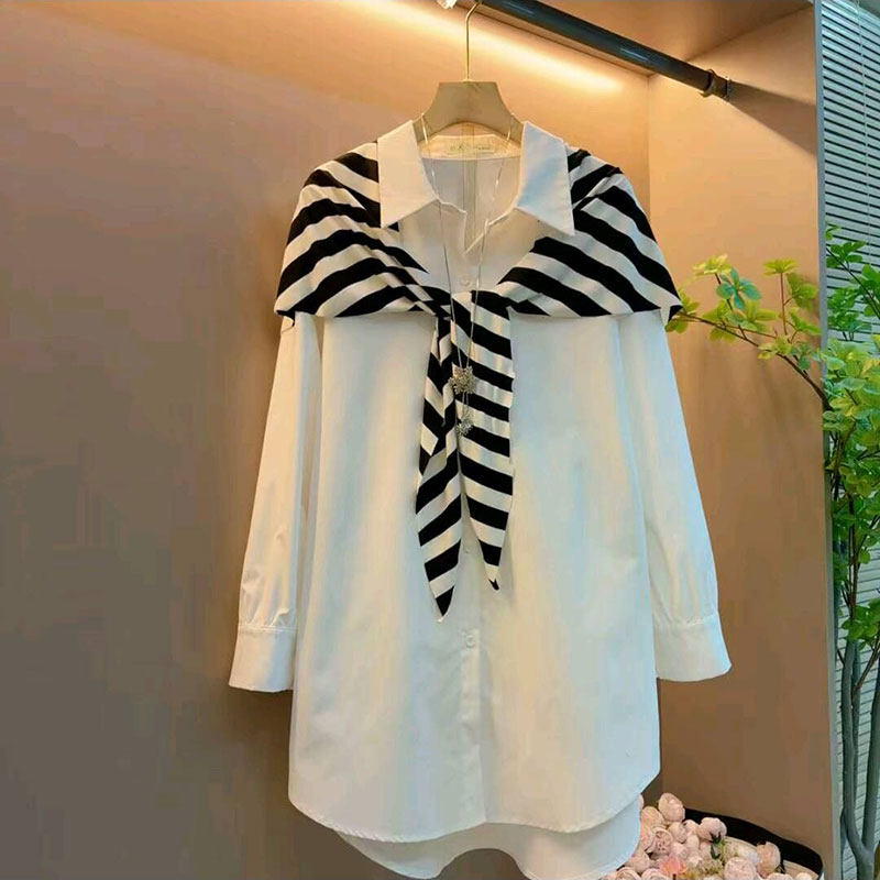 2026春新款欧货条纹披肩气质百搭衬衫大码女装慵懒风时尚显瘦上衣,女装/女士精品,大码内搭,淘宝优惠券,粉丝福利购,淘宝优惠卷