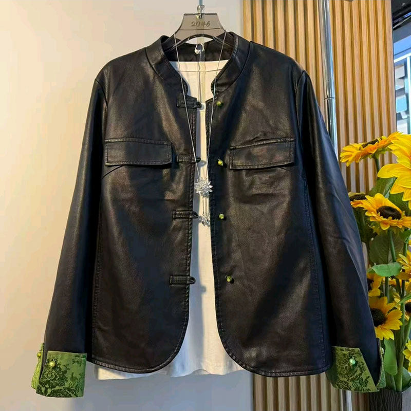 2026春季新款复古国风盘扣拼色袖口PU皮外套大码女装胖mm休闲上衣,女装/女士精品,常规大码外套,淘宝优惠券,粉丝福利购,淘宝优惠卷