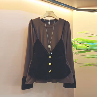 圆领复古假两件丝绒上衣大码 时尚 女装 胖mm洋气显瘦长袖 秋季 衫 新款