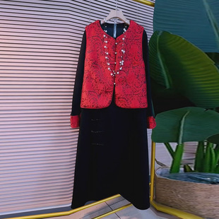 女装 胖妹妹大码 马夹套裙 2025新款 国风复古盘扣拼接马甲打底裙套装