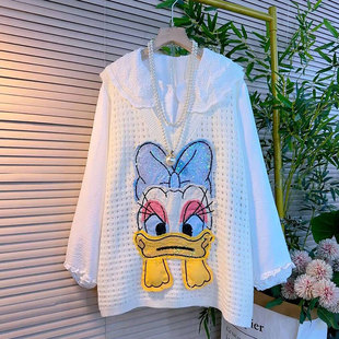 娃娃领百搭减龄衬衫 时尚 镂空亮片唐老鸭针织马甲潮 女装 胖妹妹大码