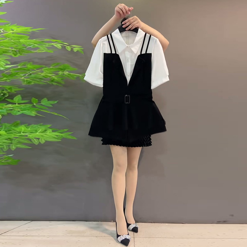 夏季大码女装假两件衬衫短裤套装
