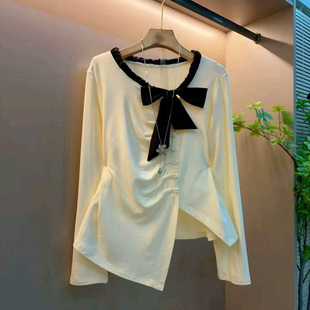 蝴蝶结V领上衣胖MM显瘦大码 衬衫 女装 不规则长袖 褶皱小衫 2025新款