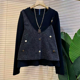 胖妹妹气质上衣潮 女装 小众设计感不对称吊带拼接假两件女人衫 大码