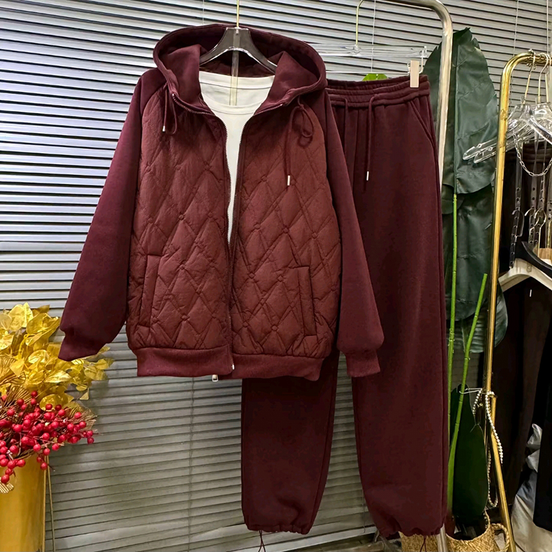 长袖连帽棉服卫衣加绒直筒裤套装