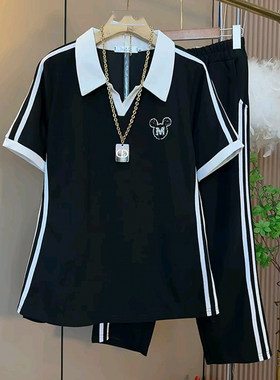 大码女装条纹半袖上衣裤子套装