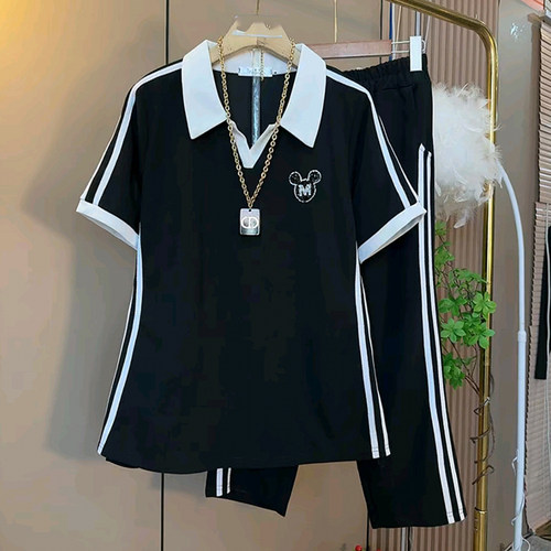 大码女装条纹半袖上衣裤子套装