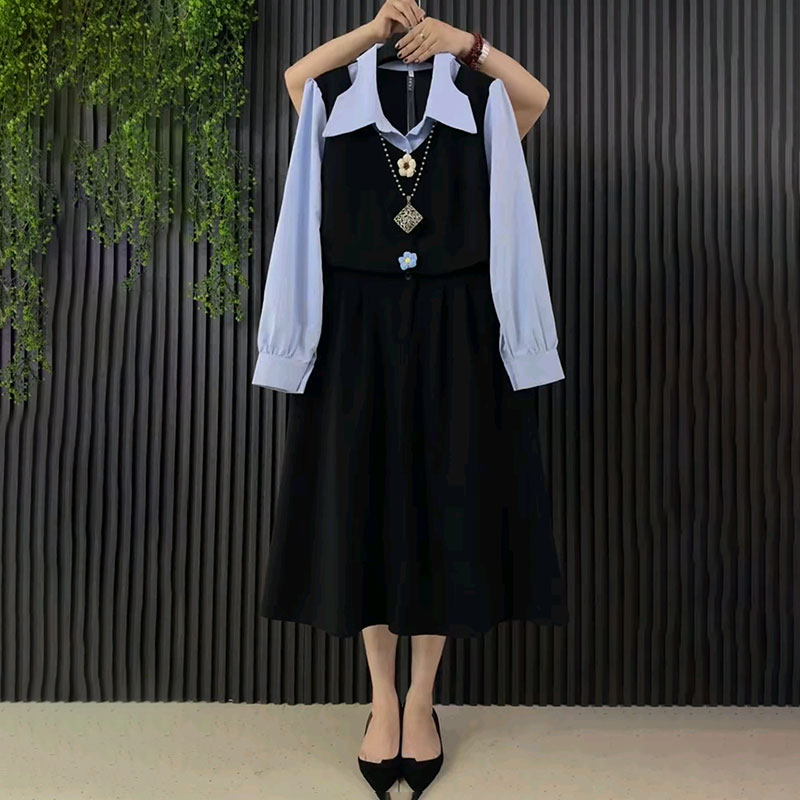 大码遮肉显瘦假两件衬衫连衣裙冬