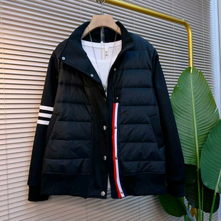 显瘦大码 条纹轻薄款 女装 新款 外套潮 立领拼接针织棉服2025冬季 时尚