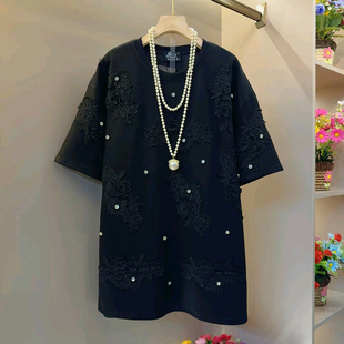 圆领衬衫 镶钻立体花朵短袖 女装 大码 T恤宽松显瘦百搭上衣2025新款