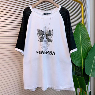 女装 大码 2025时尚 简约烫钻蝴蝶拼条韩版 上衣潮 胖MM夏季 百搭衫 新款