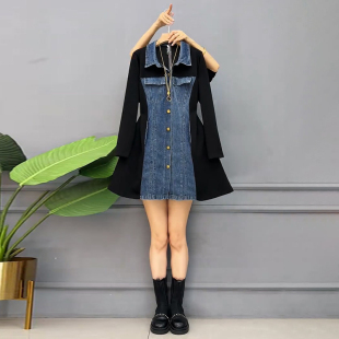 时尚 胖妹妹大码 新款 春季 百搭设计感随性气质显身材牛仔连衣裙 女装