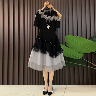 女装 新款 胖MM显瘦大码 连衣裙2025夏季 裙子潮 短袖 拼接荷叶边中长款