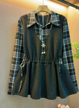 胖妹妹秋季减龄新款韩系翻领时尚格纹假两件上衣大码女装胖mm衬衫
