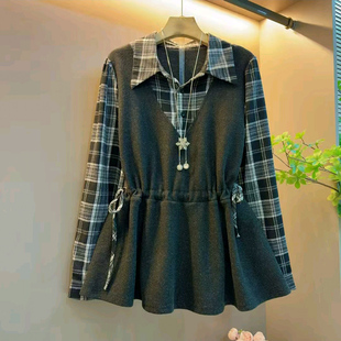 减龄新款 胖mm衬衫 韩系翻领时尚 女装 格纹假两件上衣大码 胖妹妹秋季