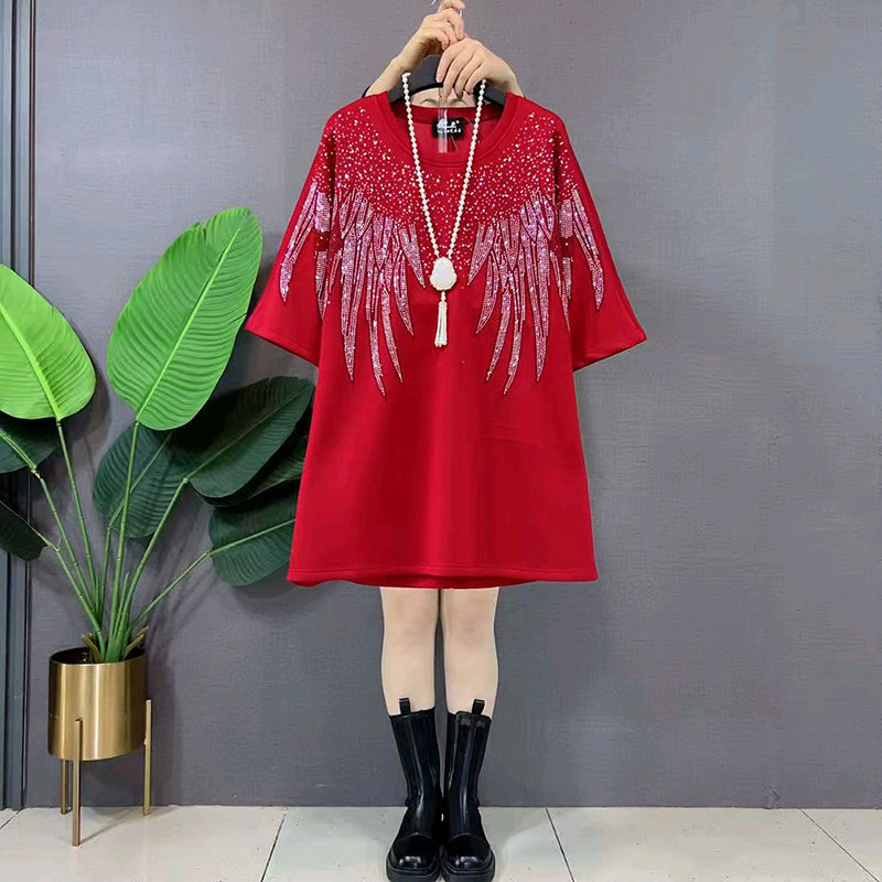 大码女装圆领烫钻翅膀短袖T恤衫