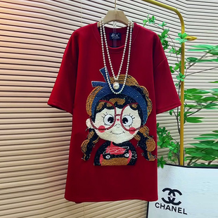 T恤大码 圆领衬衫 女装 上衣2025新款 潮 显瘦宽松中长款 卡通女孩短袖