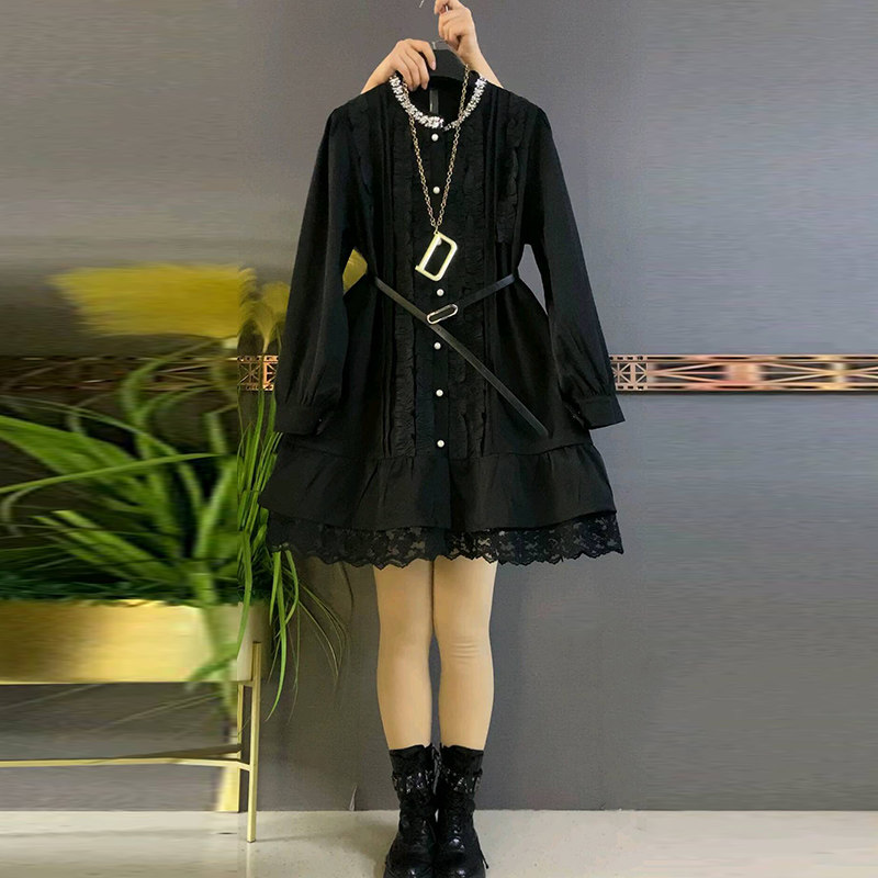 时尚洋气蕾丝边中长衬衫连衣裙新