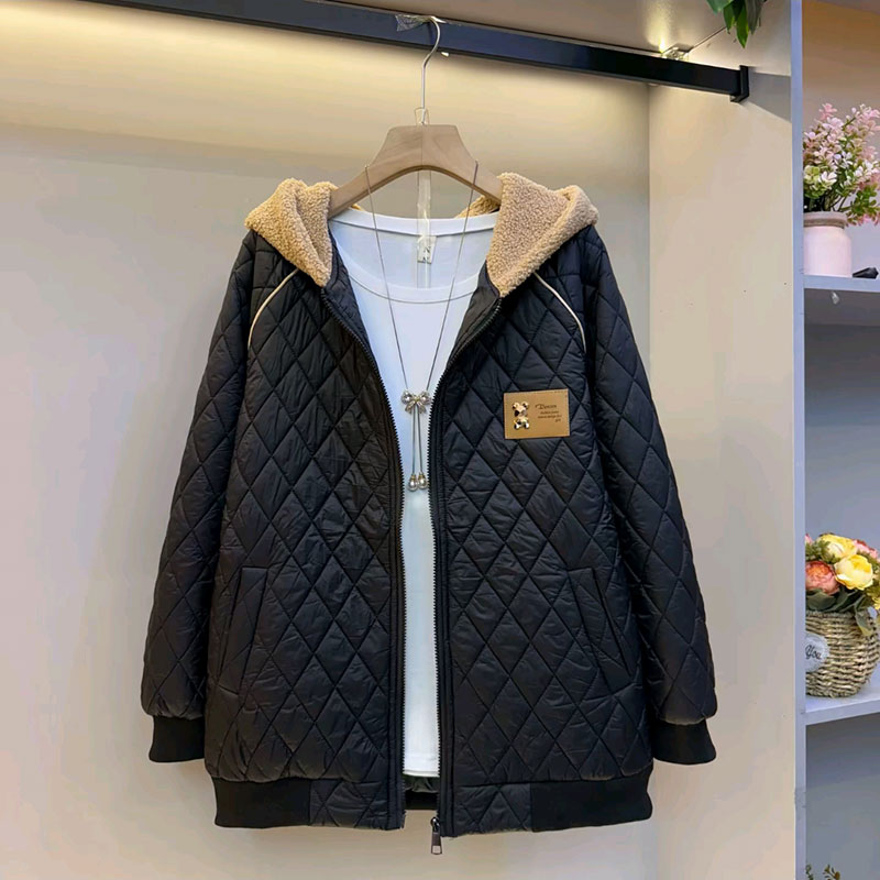 欧货连帽休闲棱格棉服大码外套冬