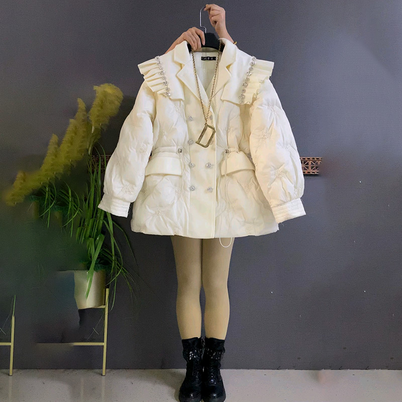 刺绣双排扣收腰棉服外套