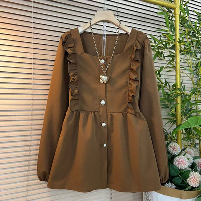 法式木耳边方领小衫上衣遮肉