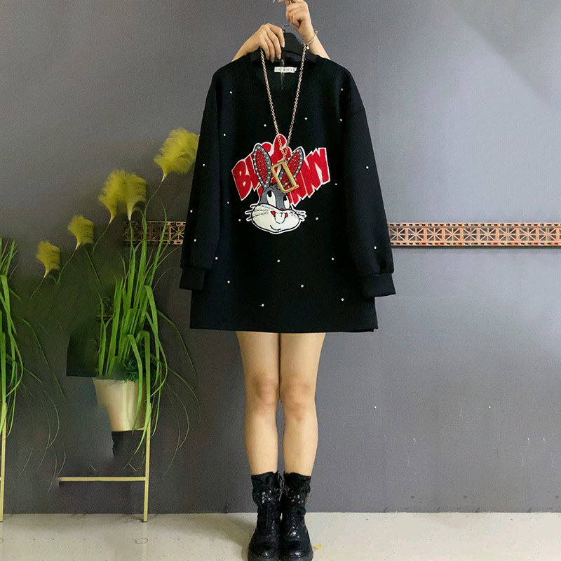 字母卡通兔钉钻中长上衣