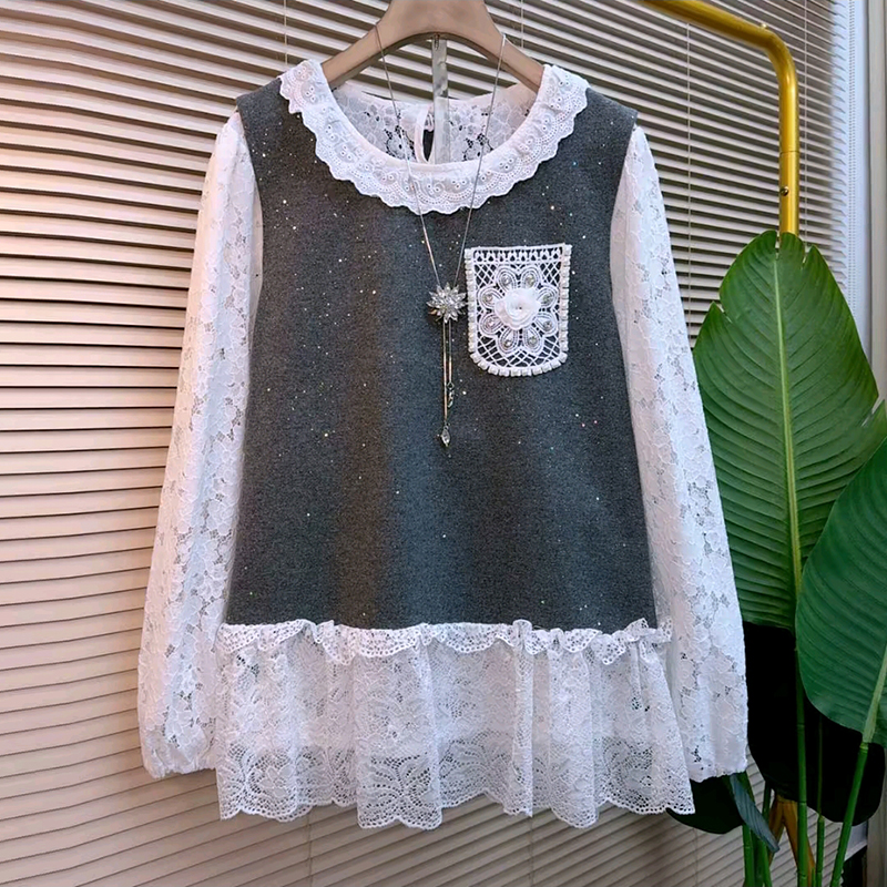 大码女装时尚荷叶领蕾丝衫