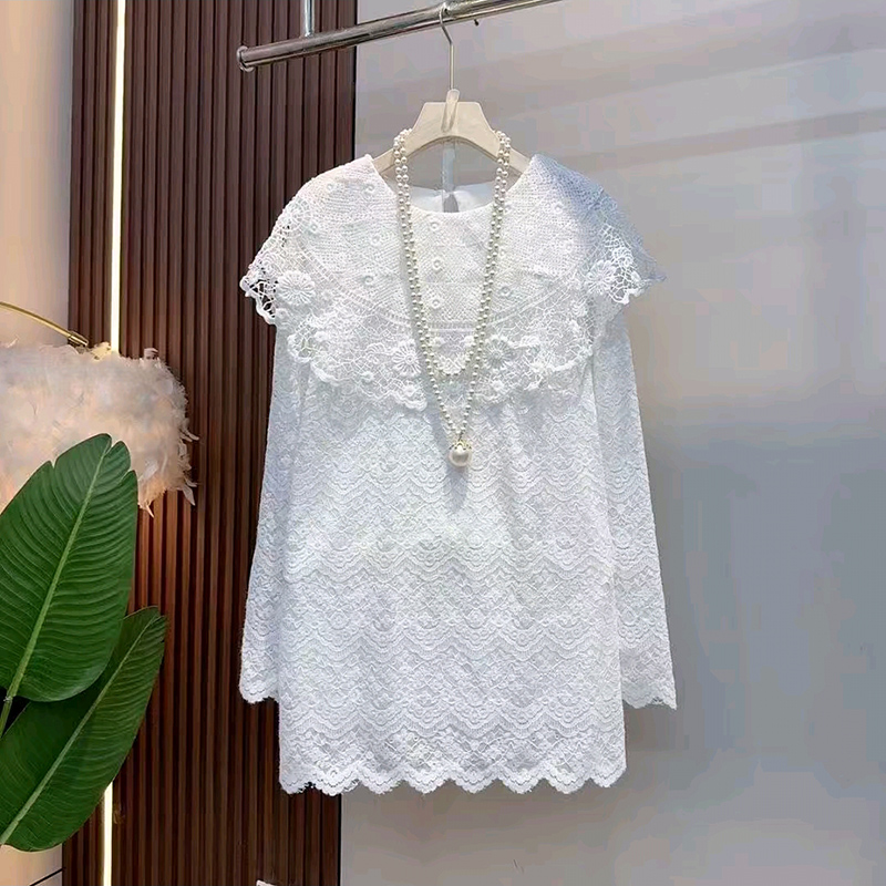 宽松荷叶领大码女装刺绣蕾丝衬衫