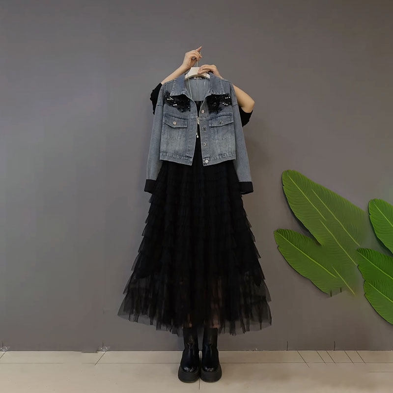 早春新款欧货时尚重工牛仔外套蛋糕裙连衣裙遮肉大码女装胖mm休闲