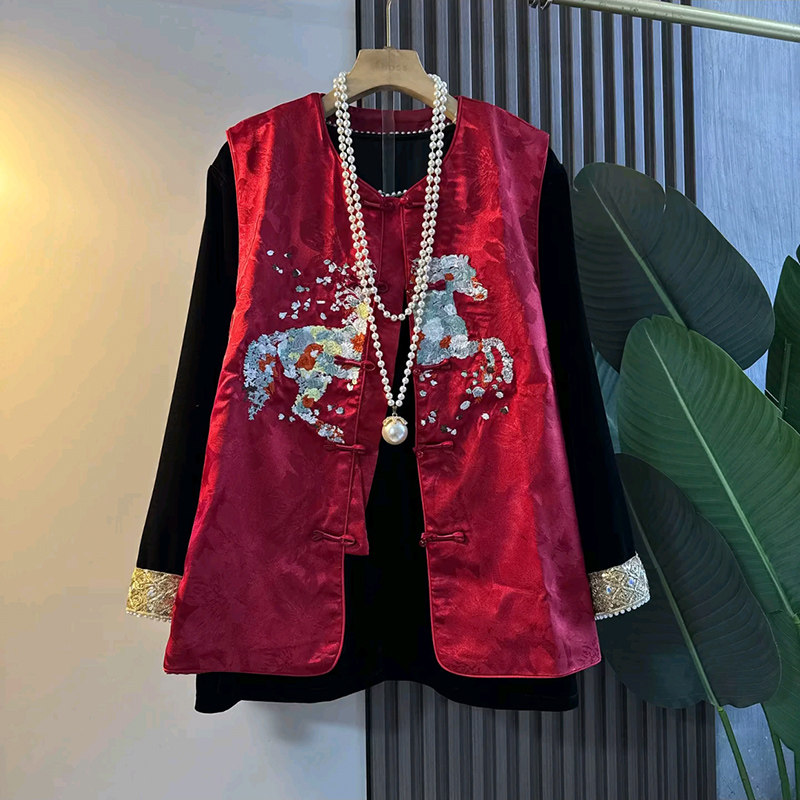 新中式大码女装刺绣提花马甲胖mm显瘦钉珠打底衫新款盘扣国风马夹,女装/女士精品,常规大码外套,淘宝优惠券,粉丝福利购,淘宝优惠卷