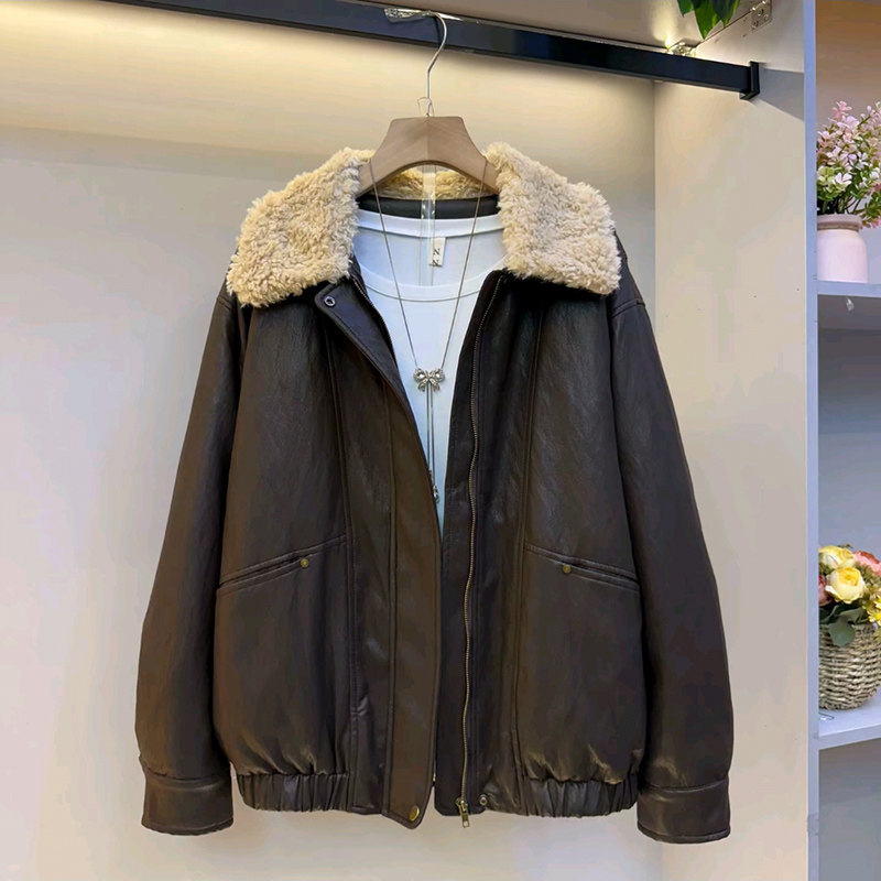 韩版复古翻毛领PU夹克加棉外套新