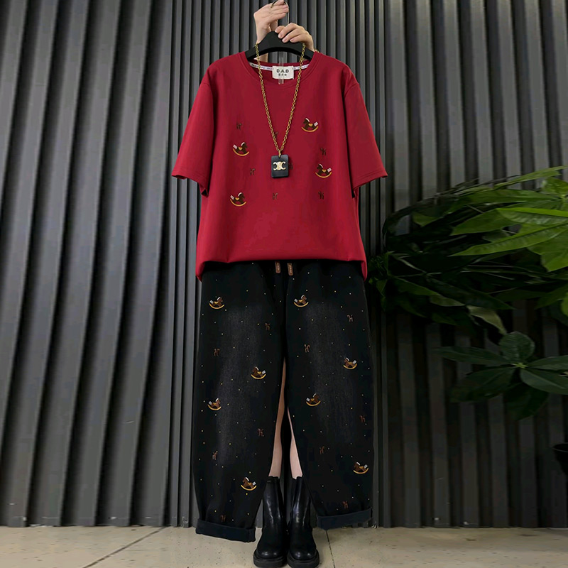 刺绣小马半袖加绒牛仔裤