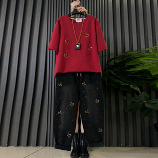 女装 胖妹妹设计感刺绣小马休闲半袖 大码 2025新款 潮 上衣加绒牛仔裤
