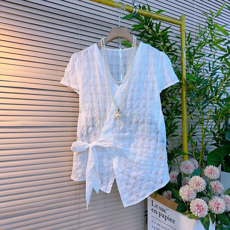 夏季大码女装系带V领衬衫