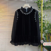 气质名媛风胖mm木耳花边钉钻大码 衬衫 女装 2023拼接假两件秋冬新款