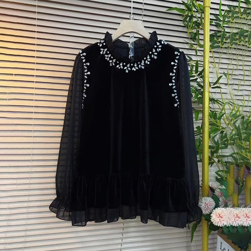 气质木耳花边钉钻拼接假两件衬衫