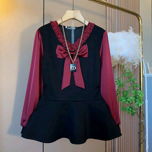 女装 胖妹妹大码 优雅显瘦上衣 新款 欧货气质木耳花边蝴蝶结拼接小衫