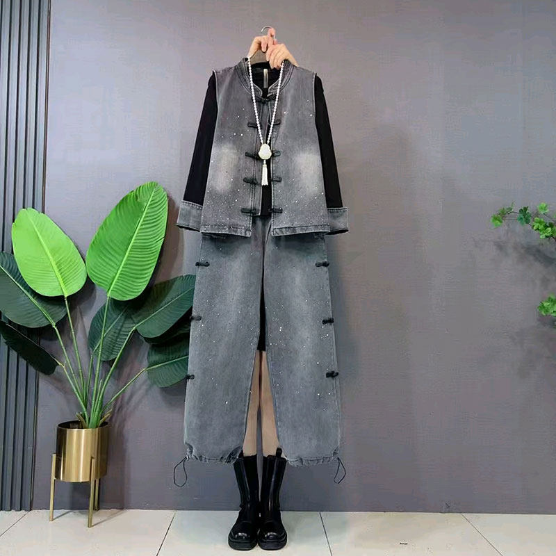复古牛仔烫钻新中式盘扣立领马甲打底衫裤子三件套大码女装上衣春,女装/女士精品,大码套装,淘宝优惠券,粉丝福利购,淘宝优惠卷