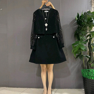 欧货新款时尚V领亮片袖连衣裙胖妹妹大码女装洋气显瘦亮晶晶裙子