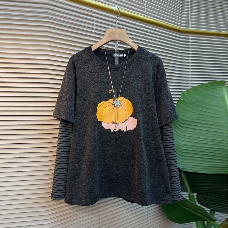 假两件大码女装南瓜条纹拼接上衣