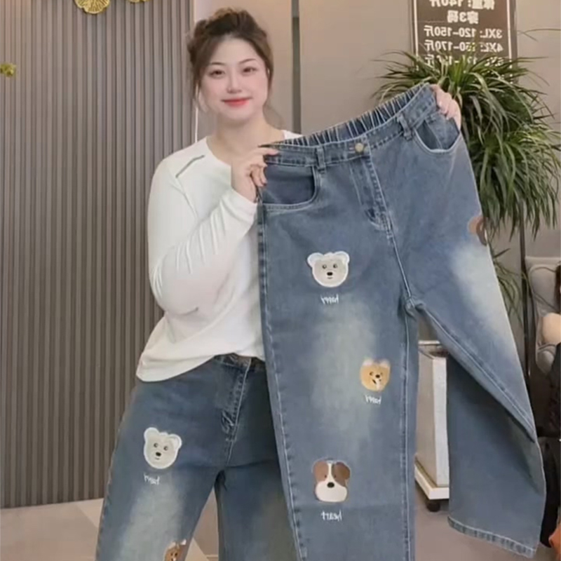 时尚高腰显瘦小熊刺绣牛仔老爹裤