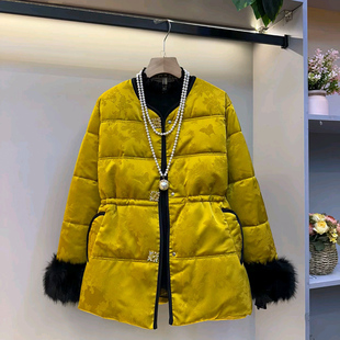 口外套冬季 女装 新款 棉服遮肉大码 提花厚上衣 轻薄款 胖MM显瘦毛毛袖