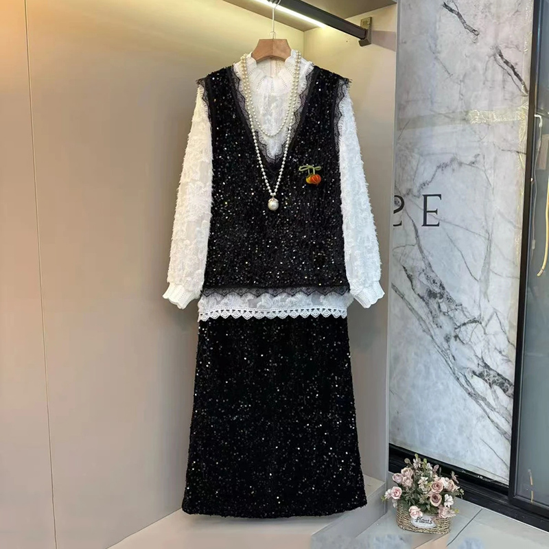 打底衫亮片V领马甲半身裙套装新