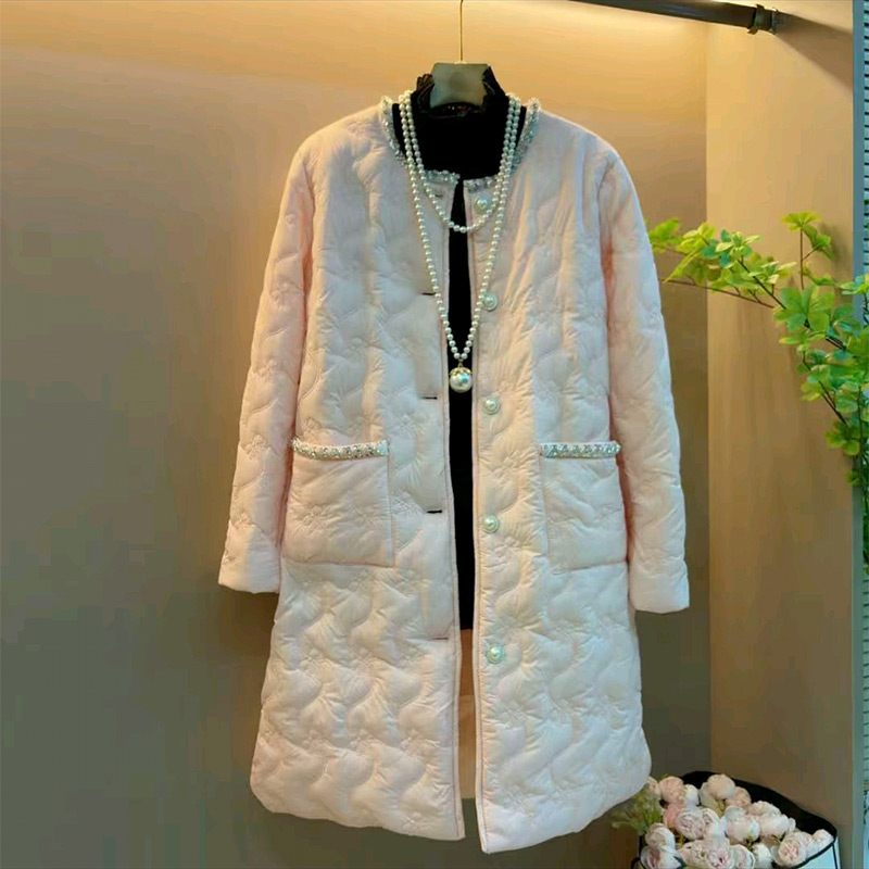 刺绣亮钻小香风长款棉服