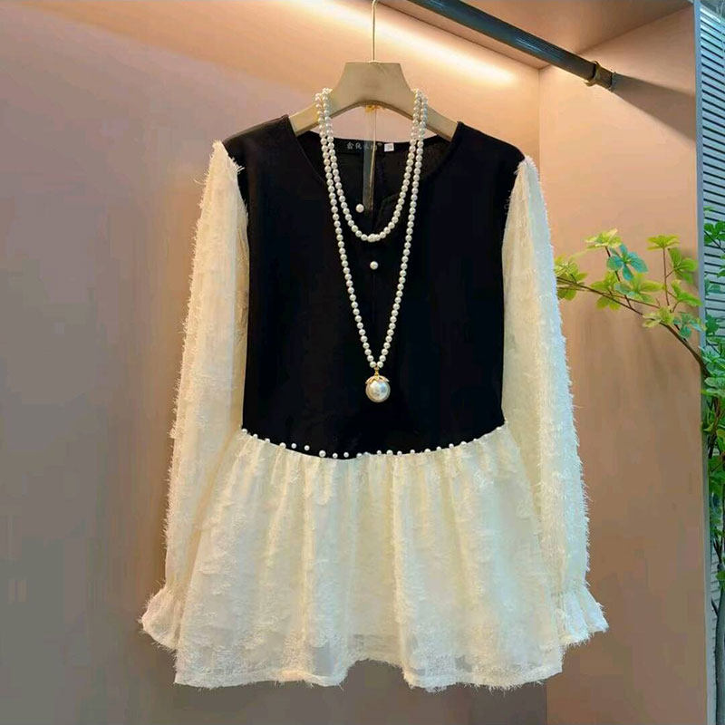 2026新款韩版撞色拼接精致重工钉珠洋气小衫大码女装胖mm遮肉上衣,女装/女士精品,大码内搭,淘宝优惠券,粉丝福利购,淘宝优惠卷