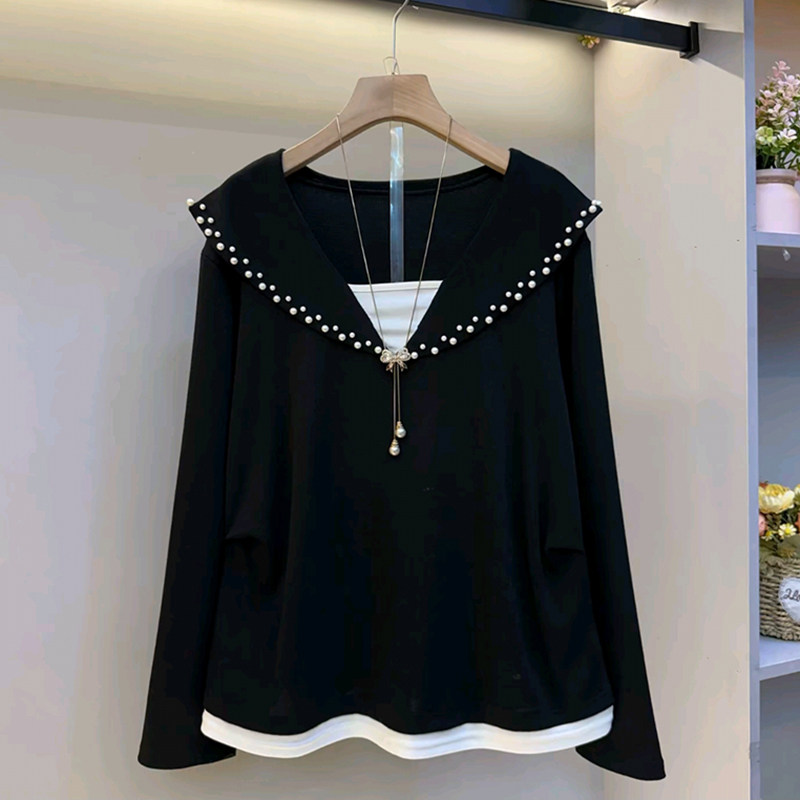 胖妹妹大码女装春季2026新款欧货假两件海军领钉珠时尚减龄百搭衫,女装/女士精品,大码内搭,淘宝优惠券,粉丝福利购,淘宝优惠卷