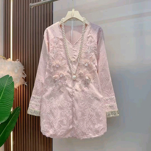 国风大码 V领提花减龄上衣复古拼接大衫 女装 衬衫 蕾丝长袖 2025新款